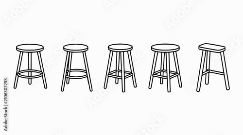 Variety of bar stools in outline style: 5 different designs on white background.