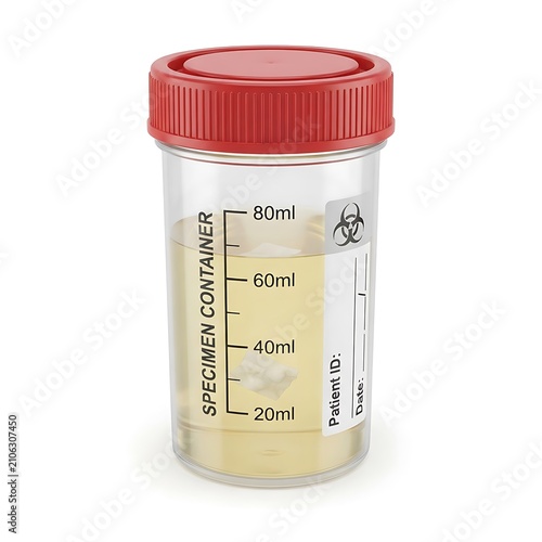 Medical urine specimen container. Sterile lab sample cup for clinical diagnostic testing.