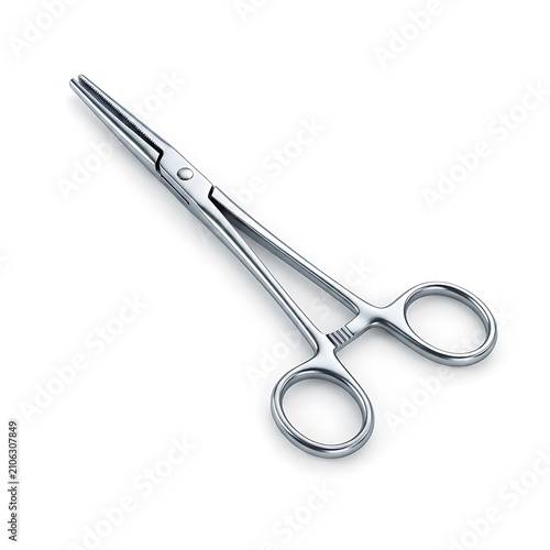 Surgical hemostat clamp tool. Medical stainless steel artery forceps instrument.