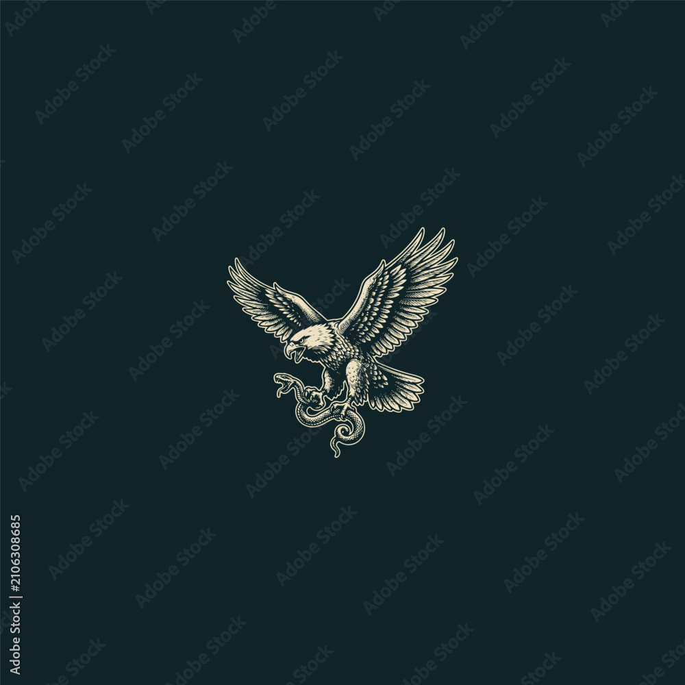 Fototapeta premium Vintage Eagle and Snake Woodcut Illustration