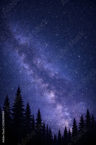 Night sky above pine forest silhouettes with visible milky way and deep blue purple gradient, spacious background for text