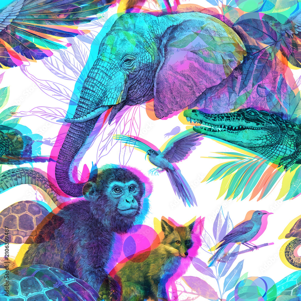 Fototapeta premium Multi exposure colorful jungle wildlife background. Environmental conservation concept art illustration. Sketch of elephant monkey and fox layered over plants