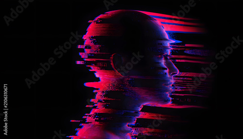 Human profile covered in digital horizontal glitch streaks. Cyber threat vulnerability and computer hacking concept. Head shape dissolving into colorful errors on black background
