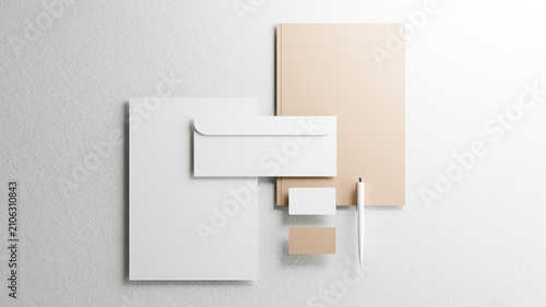 3D mockup template of a stationery set. letterhead, business cards, envelope, and pen on White. Folder and a Business card on Cashmere. White paper base