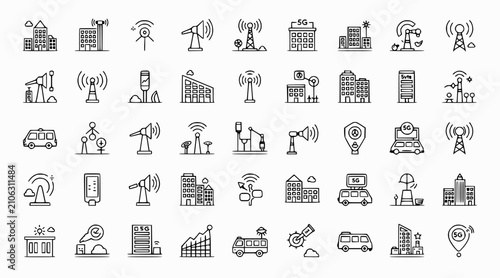 Modern City Infrastructure: Communication Towers, Buildings, and Technology Icons