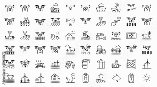 Smart agriculture icons: drone farming, tractor, wind turbine, livestock, crops