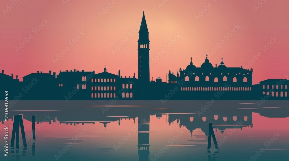Naklejka premium Venice skyline silhouette at sunset, Italian city landscape with St Marks Campanile, panoramic water reflection of historic architecture in pink sky