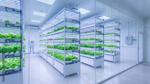 Vertical indoor farm with green leafy vegetables, modern hydroponic system in a sterile laboratory, sustainable urban agriculture facility