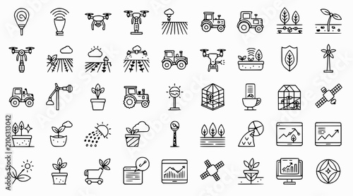 Smart Farming Icons: Drone, Tractor, Plant, Greenhouse, Satellite, Data