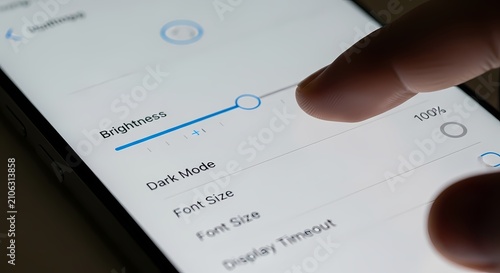 Finger adjusts screen brightness slider on a smartphone settings menu, customization