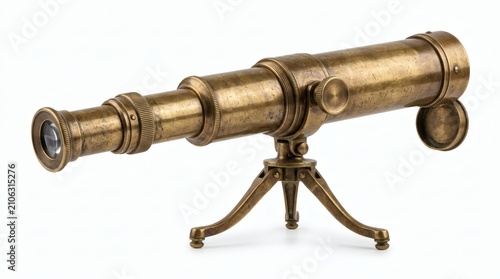 Vintage brass telescope on tripod stand, antique nautical spyglass for maritime navigation, aged bronze monocular telescope isolated on white background