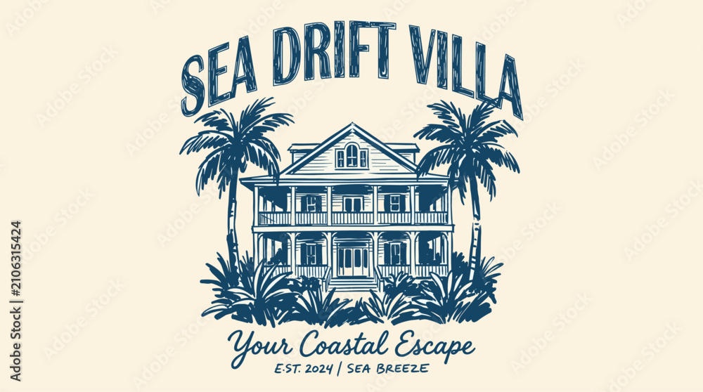 Obraz premium Beach club. Endless summer artwork. Tropical vintage design. Sea drift villa. Your coastal escape. Sea breeze.