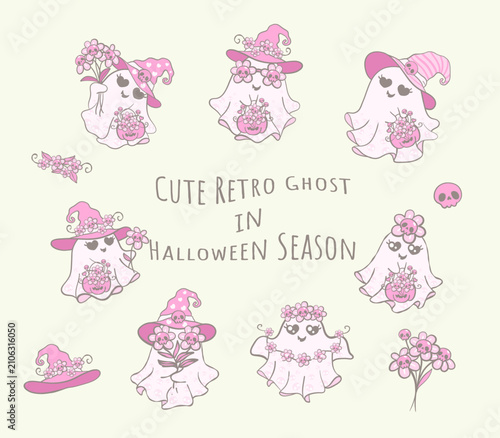 Retro cute pastel ghost with witch hat pink holding flower romantic halloween cartoon hand drawn style. Perfect for Halloween invitations, western party decor, stickers, and apparel designs.