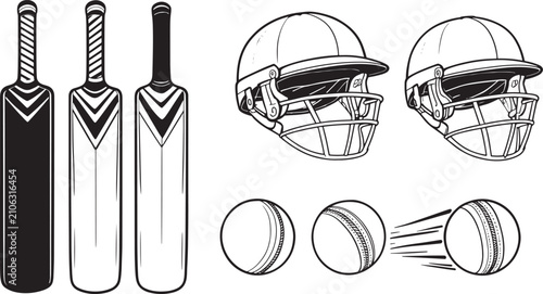 Realistic Cricket Bats Helmets and Leather Balls Equipment Vector