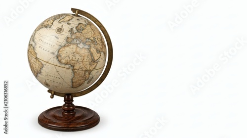 Vintage terrestrial globe on wooden pedestal, antique world map sphere with brass meridian, classic geography earth model isolated on white background