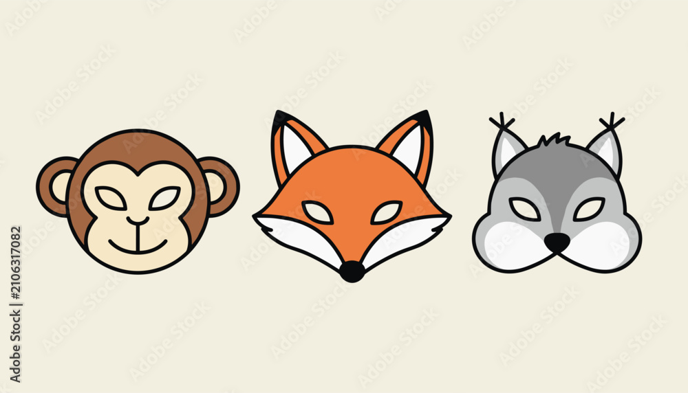 Fototapeta premium Three cartoon animal face masks representing a monkey, a fox, and a wolf arranged in a row on a light background.