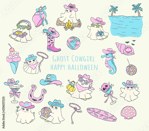 Retro western cute kawaii ghost cowgirl characters, doodle hand drawn halloween illustration