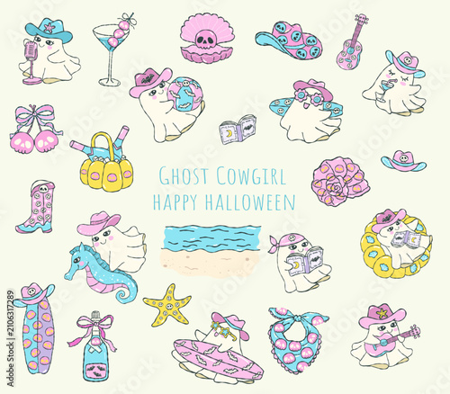 Retro western cute kawaii ghost cowgirl characters, doodle hand drawn halloween illustration