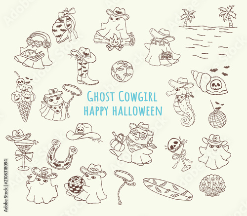 Retro western cartoon kawaii ghost cowgirl characters, Line art hand drawn halloween illustration