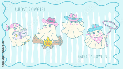 Retro Cute Ghost Cowgirl Characters Holidays Halloween Cartoon Western Hand Drawn Doodle