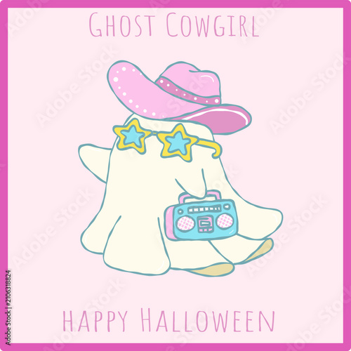 Cute kawaii ghost cowgirl holding retro boombox radio, hand drawn Halloween clipart illustration