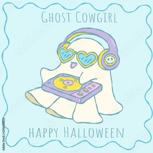 Cute kawaii ghost DJ with headphones playing turntable, hand drawn Halloween clipart illustration