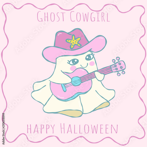 Cute kawaii ghost cowgirl playing pink guitar, hand drawn Halloween clipart illustration