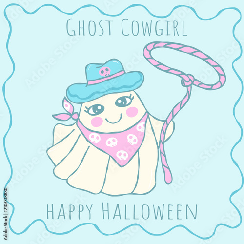 Cute kawaii ghost cowgirl with bandana holding pink lasso rope, hand drawn Halloween clipart illustration