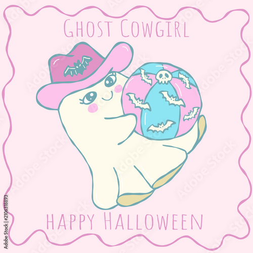 Cute kawaii ghost cowgirls holding bat pattern beach ball, hand drawn Halloween clipart illustration