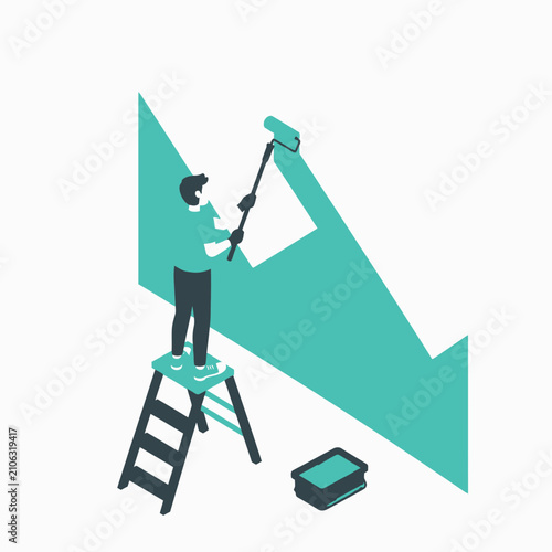 Flat vector illustration of a man standing on a ladder using a paint roller to draw a large teal downward-pointing arrow on a white background, symbolizing market crash and crisis.