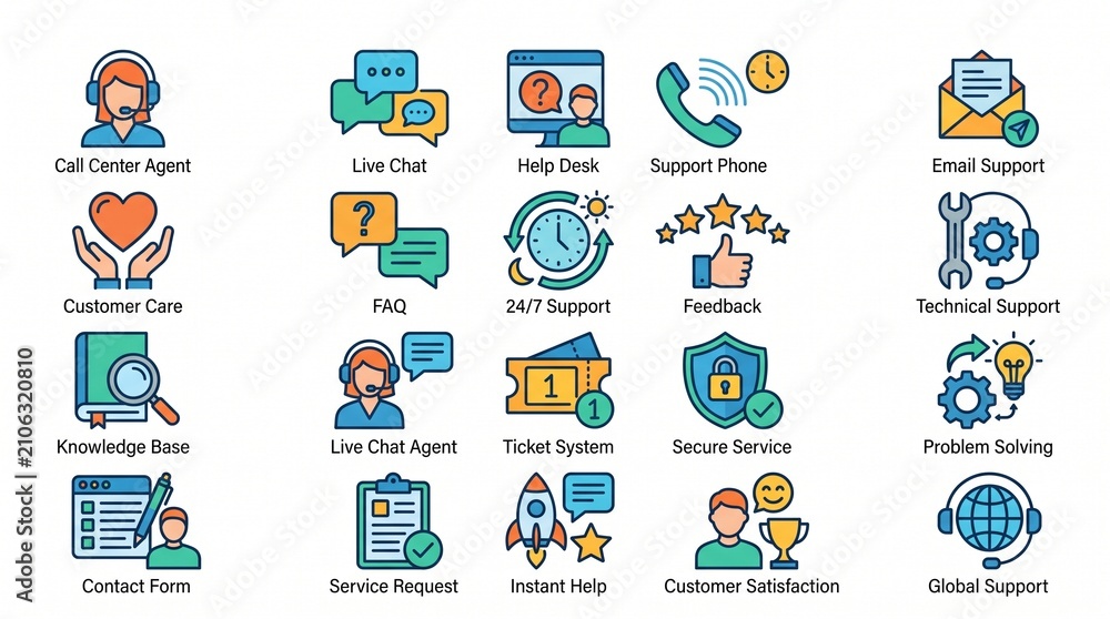 Naklejka premium A comprehensive set of twenty colorful flat design icons depicting various customer service, technical support, and online assistance solutions.