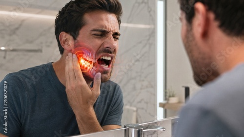Man suffering from severe toothache in front of bathroom mirror. Dental health problem and medical concept. Painful inflammation and sensitivity in human jaw. Oral hygiene and care.