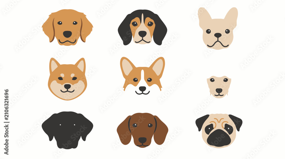 Fototapeta premium Flat vector illustration set of various cute dog breed heads and faces on a white background