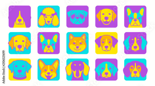 Colorful flat design dog breed icons set featuring various puppies like labrador poodle and pug in vibrant pop art colors