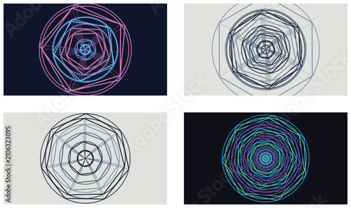 Valokuva Intricate circular line art mandalas created with colorful geometric shapes for