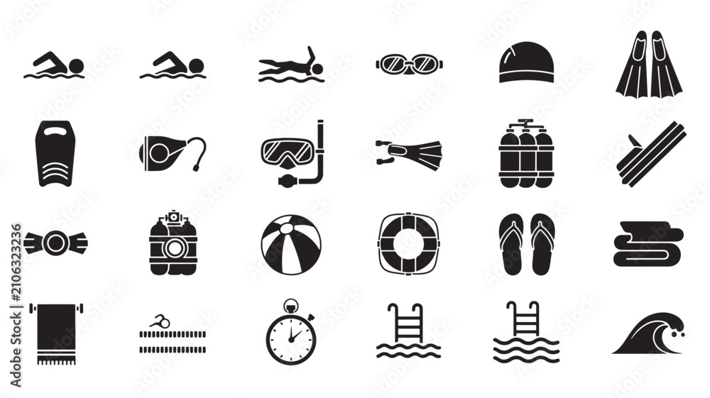 Fototapeta premium Collection of black and white summer and water sports icons.