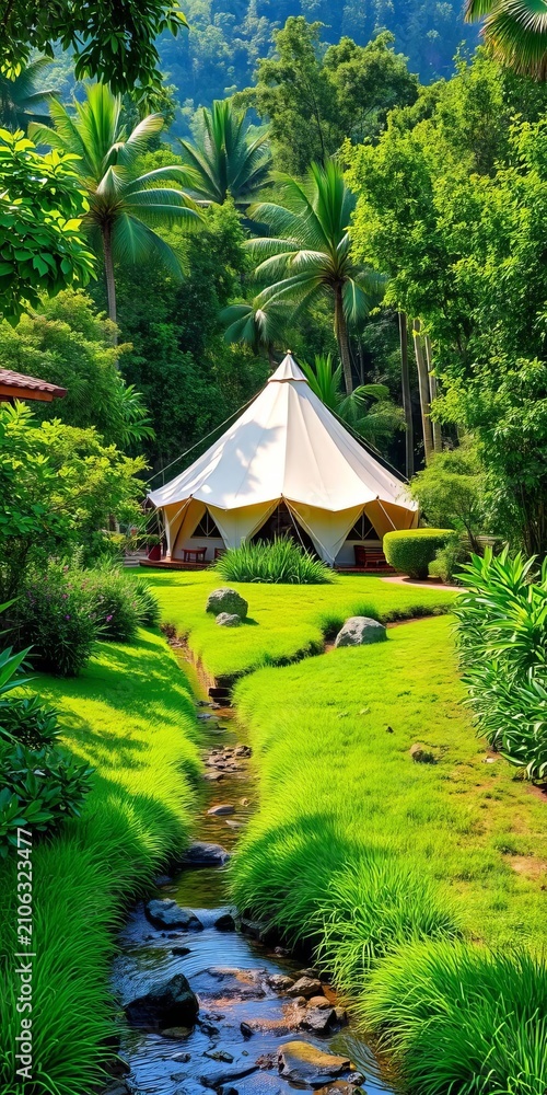 Obraz premium Tented haven amidst lush greenery, meandering creek, camping, tranquility