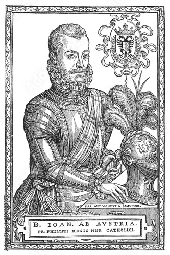 Don John of Austria in ornate armor with plumed helmet and double-headed eagle emblem, old vintage illustration, 1894.