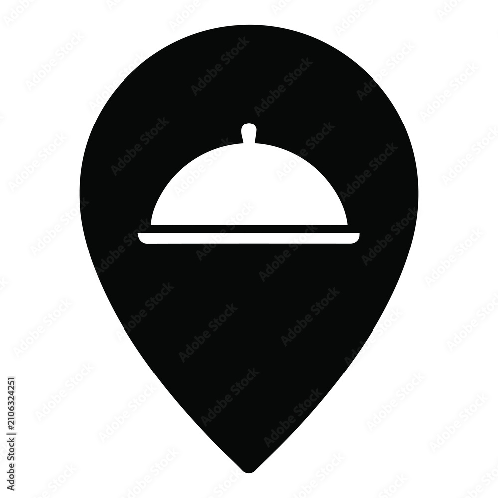 Fototapeta premium Black map pin icon with white food cloche inside on white background icon