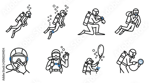 Bild auf Leinwand Scuba diving icons and diver action symbols minimalist line art vector set for u