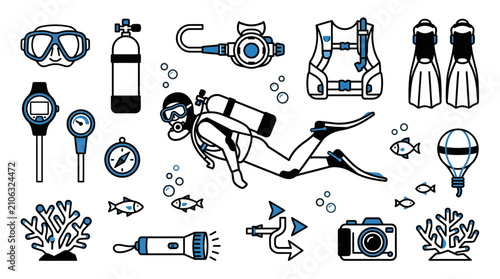 Obraz na plátne Underwater exploration gear and professional scuba diver icons in minimalist two
