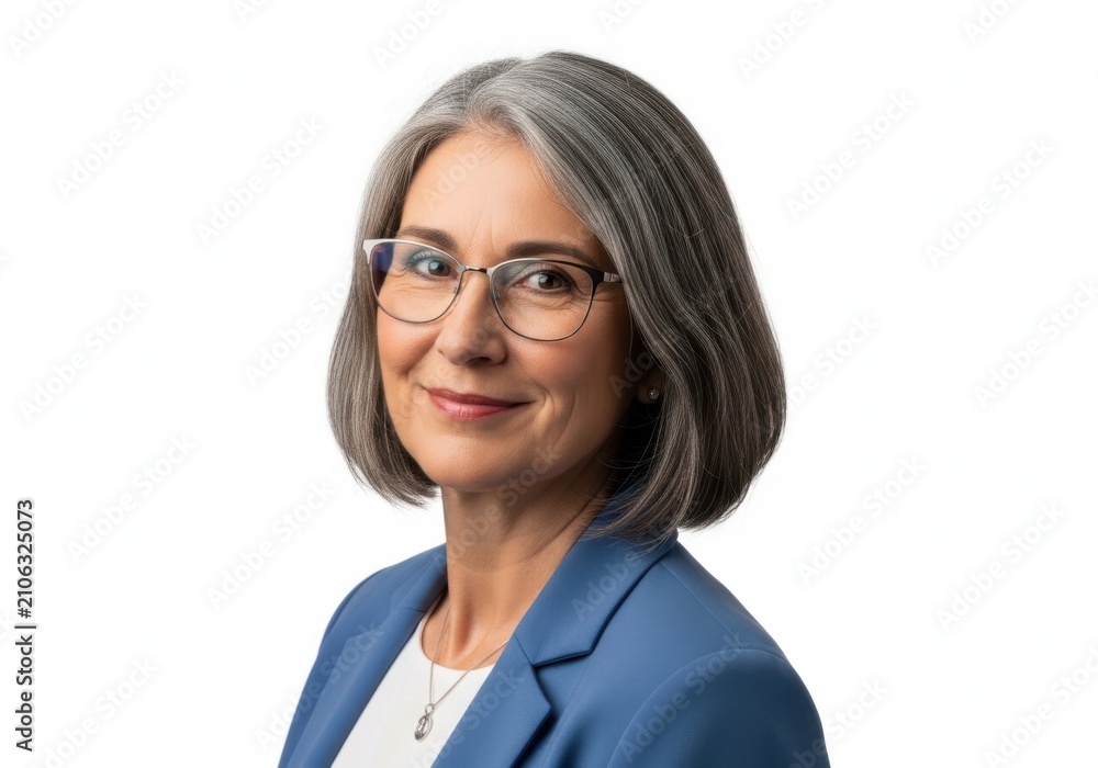Fototapeta premium Middle-aged woman with glasses smiling in professional attire