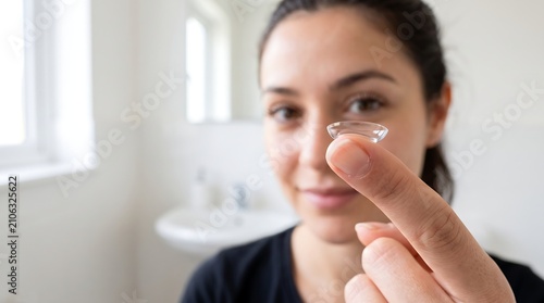 A young woman holds a contact lens on her fingertip, preparing to insert it into her eye for vision correction.