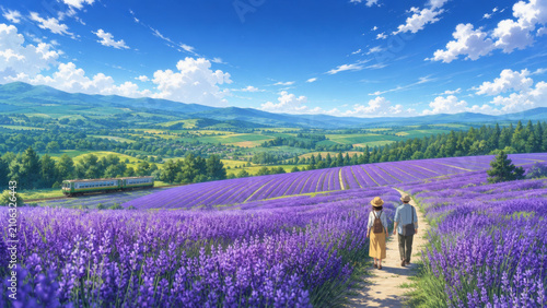 Lavender field with walking couple, train passing by, green hills and blue sky with clouds creating peaceful summer landscape