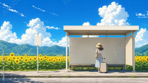 Woman with suitcase stands at bus stop surrounded by sunflower field under bright blue sky with fluffy clouds and distant mountains
