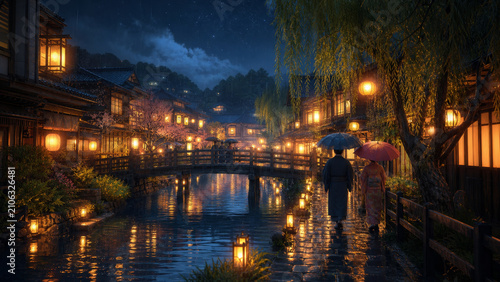 Night canal town with traditional lanterns glowing warmly along water, peaceful rainy evening with people walking under umbrellas