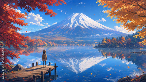 Autumn lake with vibrant red and orange leaves reflecting snow capped mountain under clear blue sky, peaceful and serene atmosphere