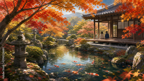 Japanese garden pond koi fish autumn leaves traditional house stone lantern two people sitting peaceful nature landscape