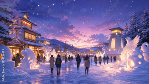 Snow festival town with glowing ice sculptures and people walking on icy street during colorful sunset sky with snow covered trees and buildings