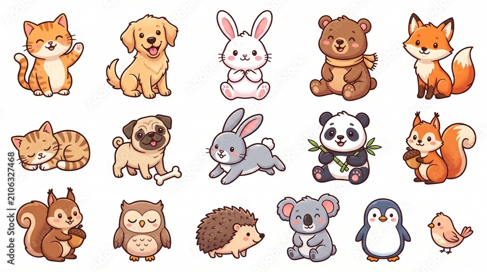 Fototapeta premium Cute Animal Clipart Collection with Forest and Pet Characters
